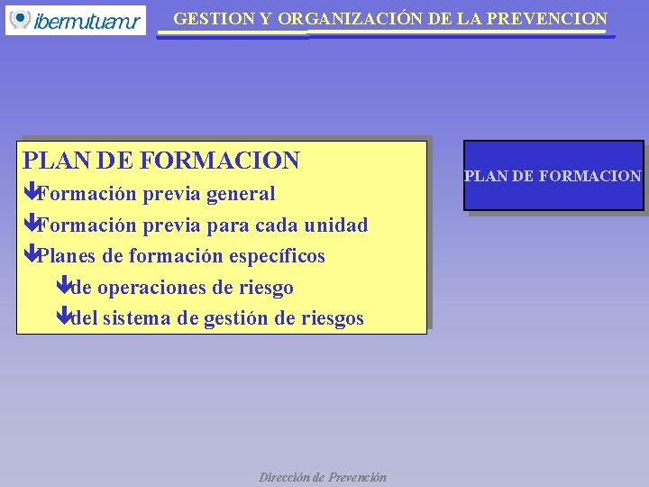GESTION Y ORGANIZACIÓN DE LA PREVENCION PLAN DE FORMACION êFormación previa general êFormación previa GESTION Y ORGANIZACIÓN DE LA PREVENCION PLAN DE FORMACION êFormación previa general êFormación previa
