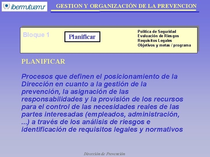 GESTION Y ORGANIZACIÓN DE LA PREVENCION Bloque 1 Planificar Política de Seguridad Evaluación de GESTION Y ORGANIZACIÓN DE LA PREVENCION Bloque 1 Planificar Política de Seguridad Evaluación de