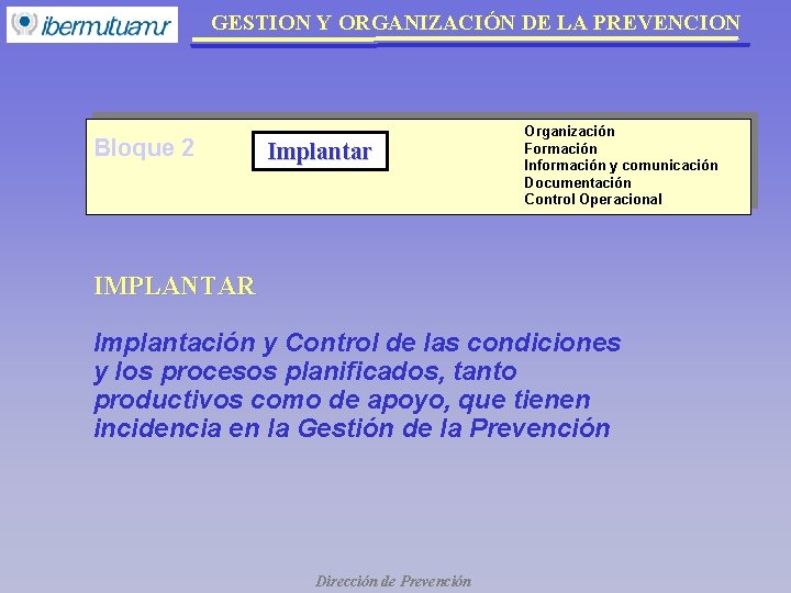 GESTION Y ORGANIZACIÓN DE LA PREVENCION Bloque 2 Implantar Organización Formación Información y comunicación GESTION Y ORGANIZACIÓN DE LA PREVENCION Bloque 2 Implantar Organización Formación Información y comunicación