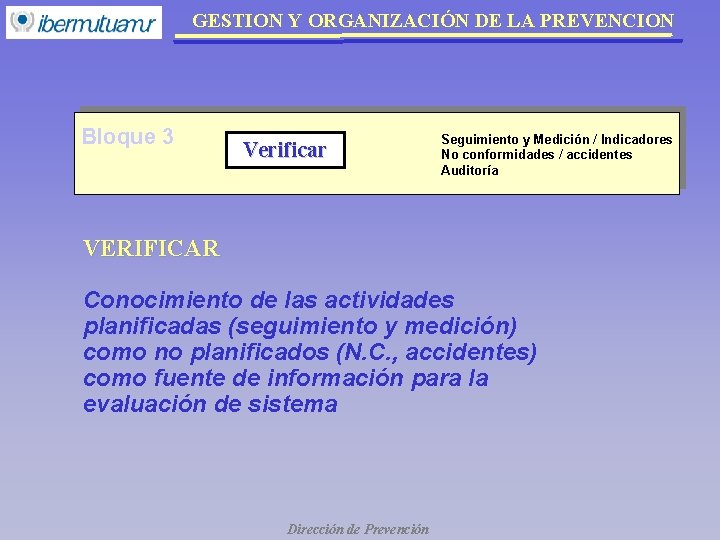 GESTION Y ORGANIZACIÓN DE LA PREVENCION Bloque 3 Verificar Seguimiento y Medición / Indicadores GESTION Y ORGANIZACIÓN DE LA PREVENCION Bloque 3 Verificar Seguimiento y Medición / Indicadores