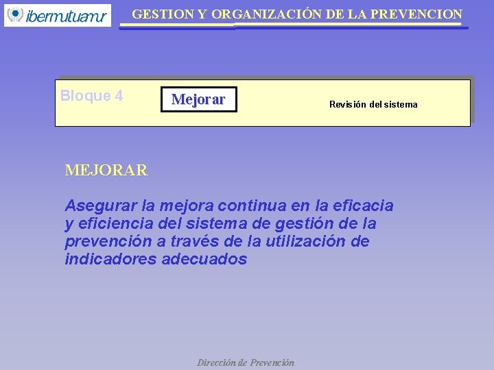 GESTION Y ORGANIZACIÓN DE LA PREVENCION Bloque 4 Mejorar Revisión del sistema MEJORAR Asegurar GESTION Y ORGANIZACIÓN DE LA PREVENCION Bloque 4 Mejorar Revisión del sistema MEJORAR Asegurar