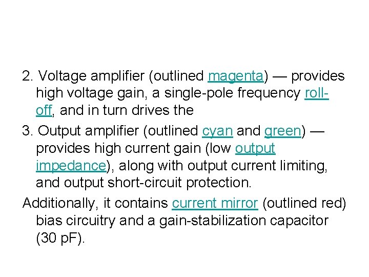 2. Voltage amplifier (outlined magenta) — provides high voltage gain, a single-pole frequency rolloff,