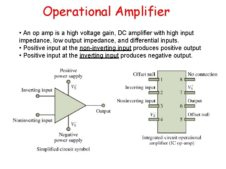 Operational Amplifier • An op amp is a high voltage gain, DC amplifier with