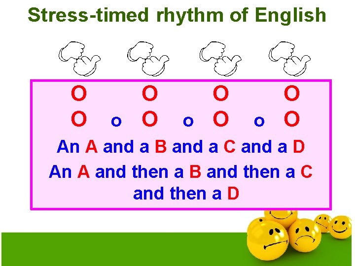 Stress-timed rhythm of English O O O o O An A and a B