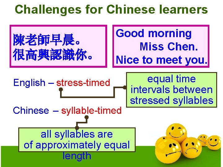 Challenges for Chinese learners Kenworthy (1987) “All aspects of rhythm and Good morning stress,