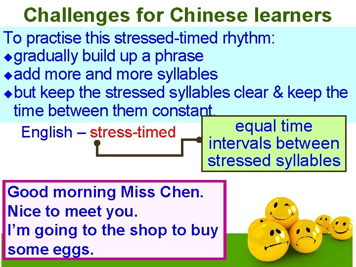 Challenges for Chinese learners To practise this stressed-timed rhythm: Kenworthy (1987) “All aspects of