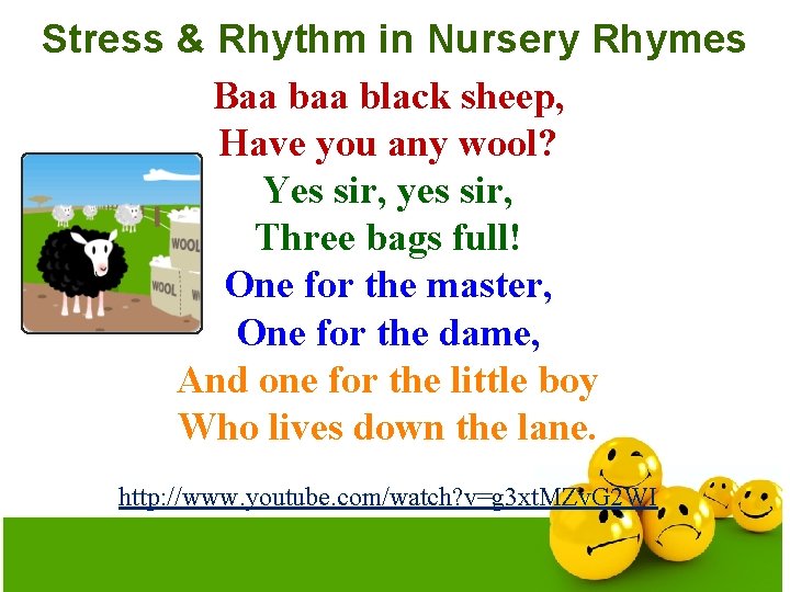 Stress & Rhythm in Nursery Rhymes Baa black sheep, Have you any wool? Yes