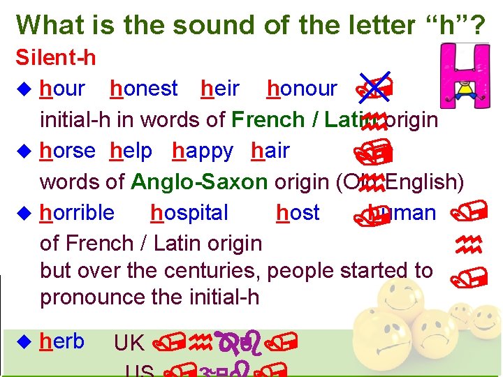 What is the sound of the letter “h”? Silent-h u hour honest heir honour