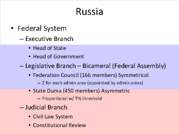 Russia • Federal System – Executive Branch • Head of State • Head of