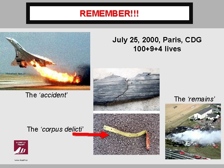 REMEMBER!!! July 25, 2000, Paris, CDG 100+9+4 lives The ‘accident’ The ‘corpus delicti’ www.
