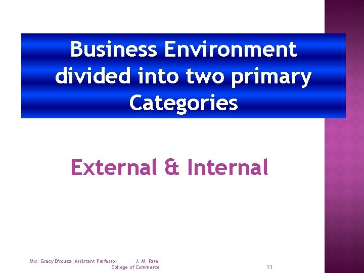 Business Environment divided into two primary Categories External & Internal Mrs. Gracy D'souza, Assistant