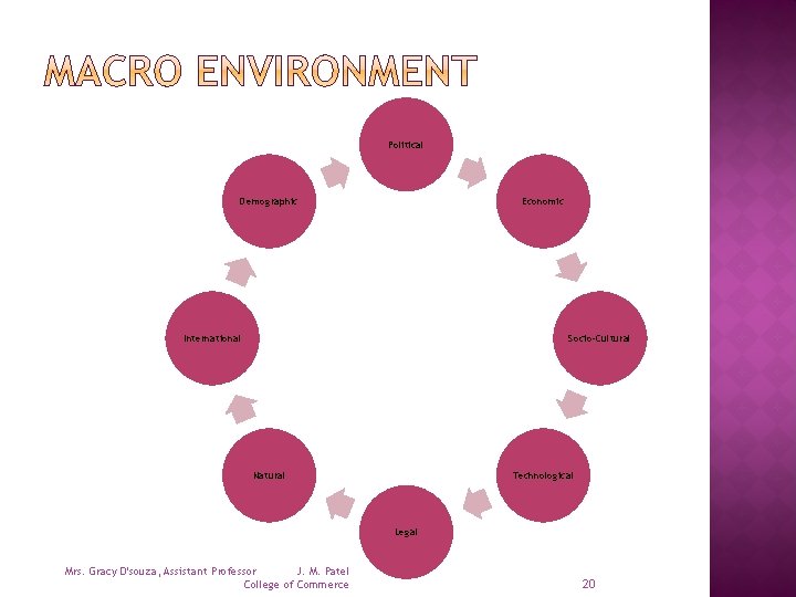 Political Demographic Economic International Socio-Cultural Natural Technological Legal Mrs. Gracy D'souza, Assistant Professor J.