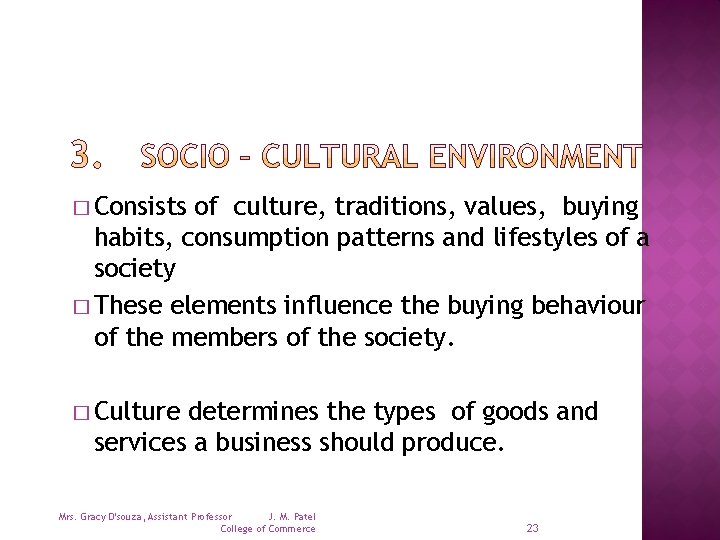 � Consists of culture, traditions, values, buying habits, consumption patterns and lifestyles of a