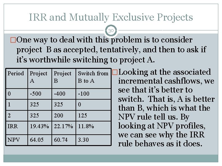 IRR and Mutually Exclusive Projects 30 �One way to deal with this problem is