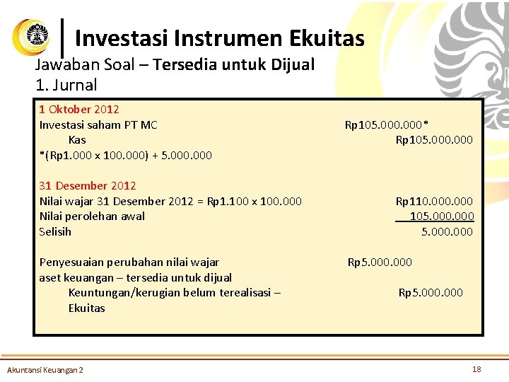Investasi Instrumen Ekuitas Jawaban Soal – Tersedia untuk Dijual 1. Jurnal 1 Oktober 2012