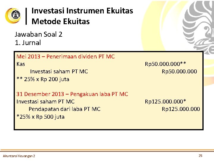 Investasi Instrumen Ekuitas Metode Ekuitas Jawaban Soal 2 1. Jurnal Mei 2013 – Penerimaan