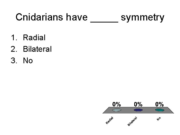 Cnidarians have _____ symmetry 1. Radial 2. Bilateral 3. No 