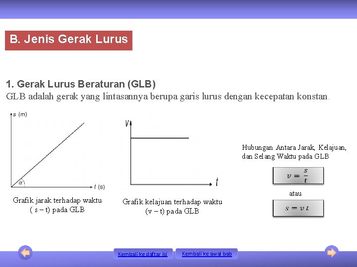 B. Jenis Gerak Lurus 1. Gerak Lurus Beraturan (GLB) GLB adalah gerak yang lintasannya