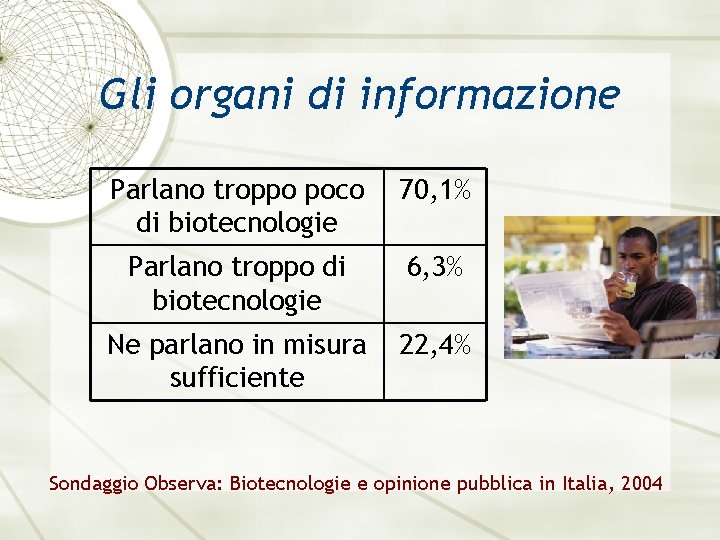 Gli organi di informazione Parlano troppo poco di biotecnologie 70, 1% Parlano troppo di