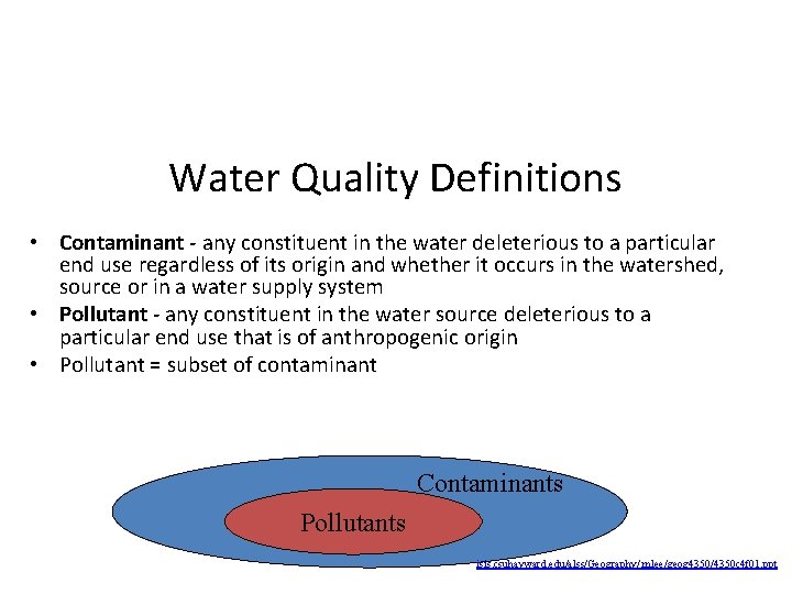 Water Quality Definitions • Contaminant - any constituent in the water deleterious to a