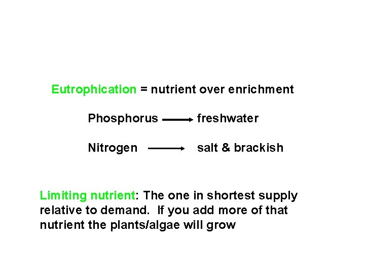 Eutrophication = nutrient over enrichment Phosphorus freshwater Nitrogen salt & brackish Limiting nutrient: The