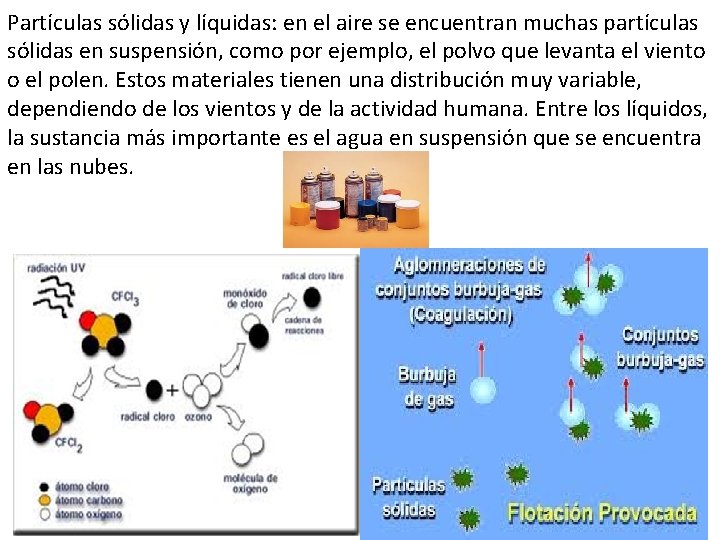 Partículas sólidas y líquidas: en el aire se encuentran muchas partículas sólidas en suspensión,