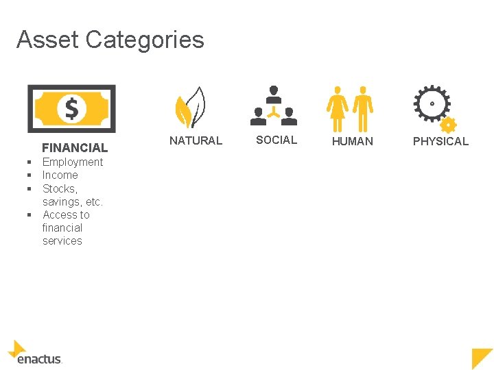 Asset Categories FINANCIAL § Employment § Income § Stocks, savings, etc. § Access to