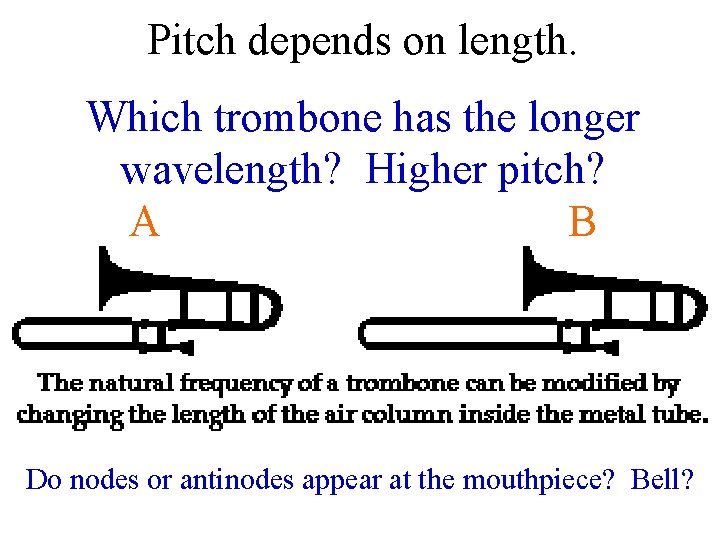 Pitch depends on length. Which trombone has the longer wavelength? Higher pitch? A B