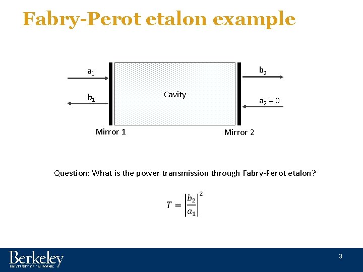 Fabry-Perot etalon example b 2 a 1 Cavity b 1 Mirror 1 a 2