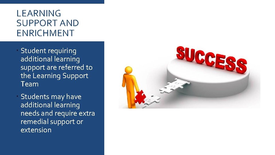 LEARNING SUPPORT AND ENRICHMENT Student requiring additional learning support are referred to the Learning