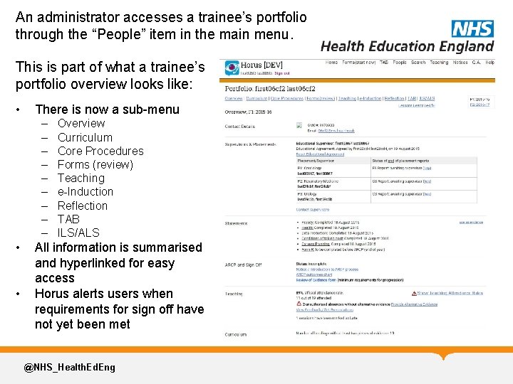 An administrator accesses a trainee’s portfolio through the “People” item in the main menu.