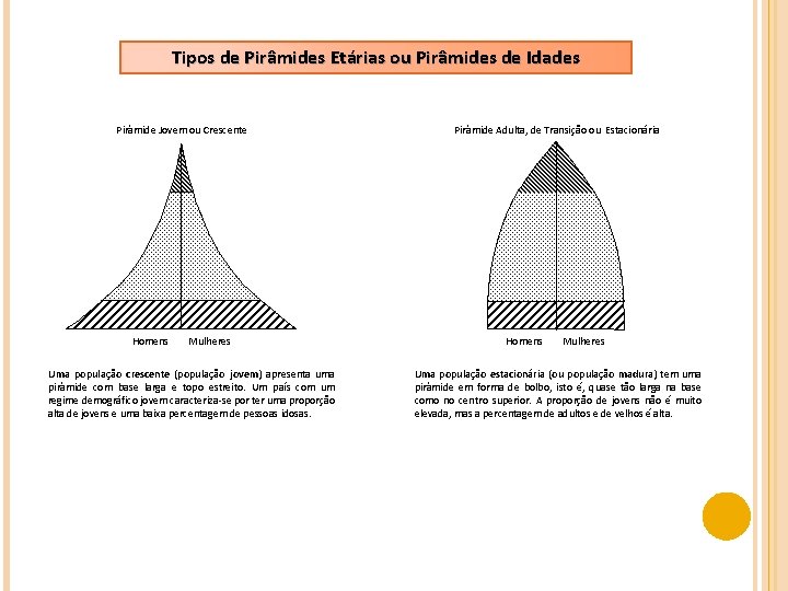 Tipos de Pirâmides Etárias ou Pirâmides de Idades Pirâmide Jovem ou Crescente Homens Mulheres