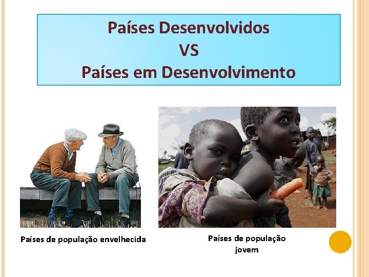 Países Desenvolvidos VS Países em Desenvolvimento Países de população envelhecida Países de população jovem