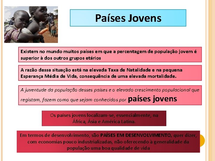 Países Jovens Existem no mundo muitos países em que a percentagem de população jovem