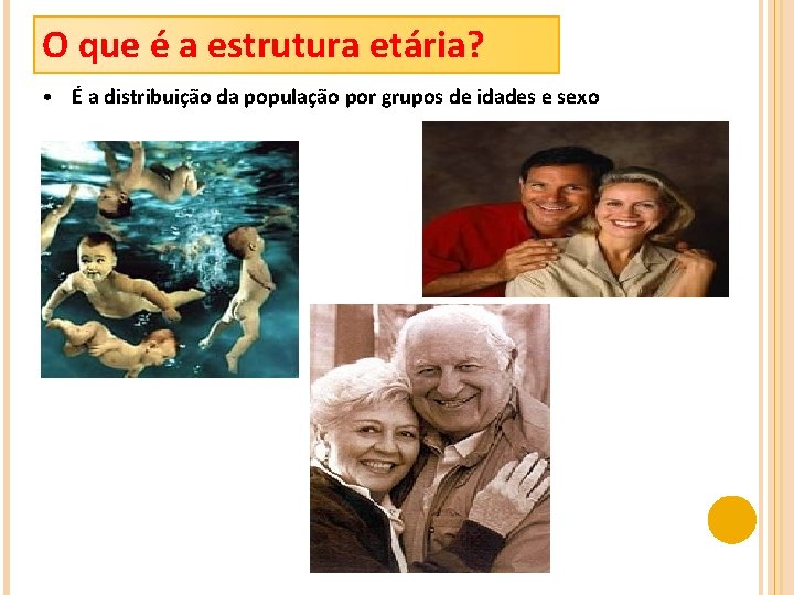 O que é a estrutura etária? • É a distribuição da população por grupos