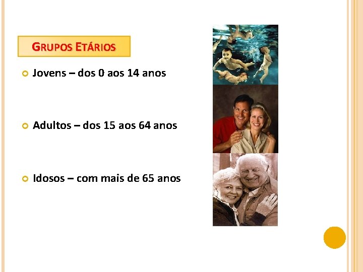 GRUPOS ETÁRIOS Jovens – dos 0 aos 14 anos Adultos – dos 15 aos