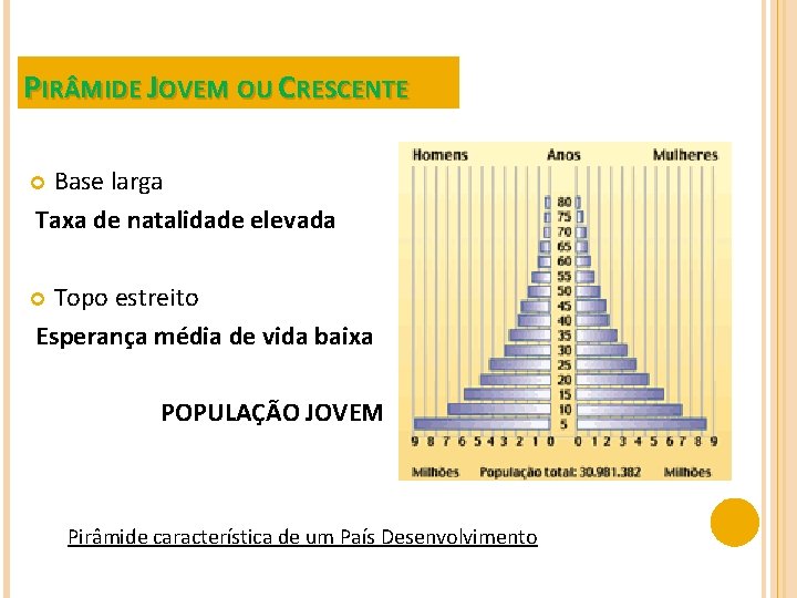 PIR MIDE JOVEM OU CRESCENTE Base larga Taxa de natalidade elevada Topo estreito Esperança