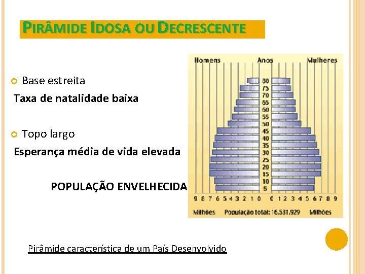PIR MIDE IDOSA OU DECRESCENTE Base estreita Taxa de natalidade baixa Topo largo Esperança