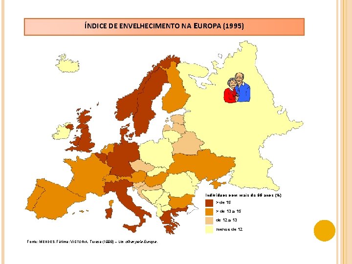 ÍNDICE DE ENVELHECIMENTO NA EUROPA (1995) Indivíduos com mais de 65 anos (%) >