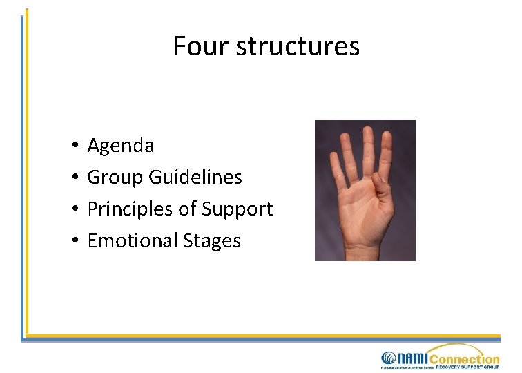 Four structures • • Agenda Group Guidelines Principles of Support Emotional Stages 