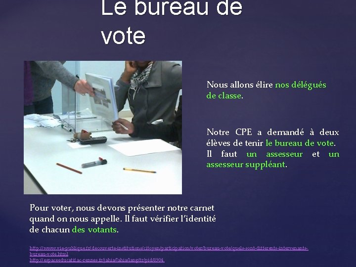 Le bureau de vote Nous allons élire nos délégués de classe. Notre CPE a