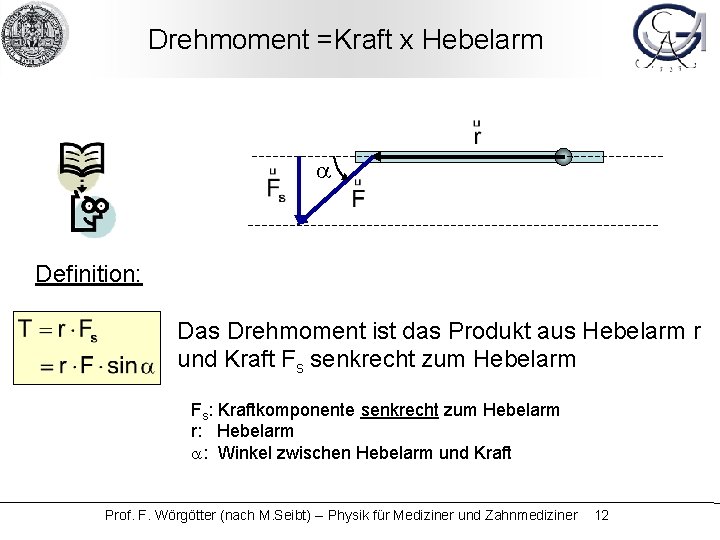 Drehmoment =Kraft x Hebelarm a Definition: Das Drehmoment ist das Produkt aus Hebelarm r