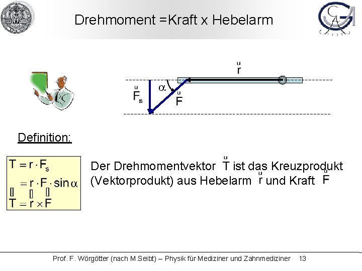 Drehmoment =Kraft x Hebelarm a Definition: Der Drehmomentvektor ist das Kreuzprodukt (Vektorprodukt) aus Hebelarm