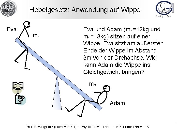 Hebelgesetz: Anwendung auf Wippe Eva m 1 Eva und Adam (m 1=12 kg und