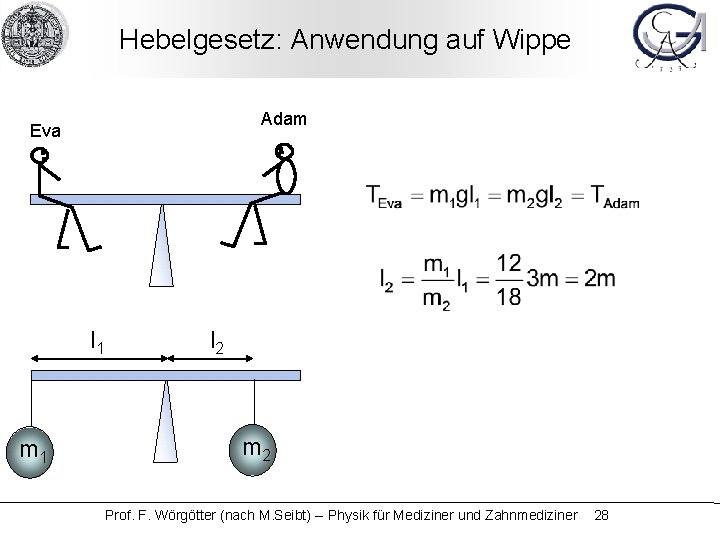 Hebelgesetz: Anwendung auf Wippe Adam Eva l 1 m 1 l 2 m 2