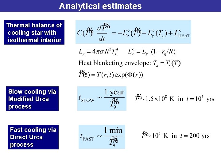 Analytical estimates Thermal balance of cooling star with isothermal interior Slow cooling via Modified