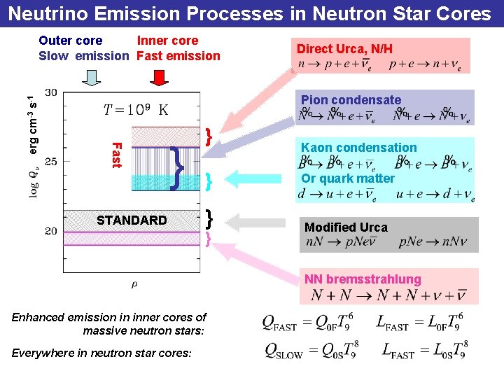 Neutrino Emission Processes in Neutron Star Cores Direct Urca, N/H Pion condensate Fast erg
