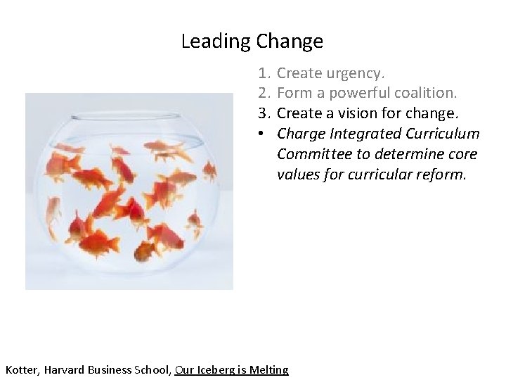 Leading Change 1. 2. 3. • Create urgency. Form a powerful coalition. Create a