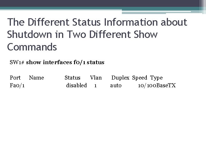 The Different Status Information about Shutdown in Two Different Show Commands SW 1# show