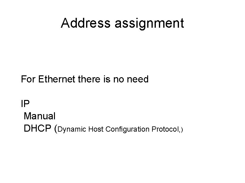 Address assignment For Ethernet there is no need IP Manual DHCP (Dynamic Host Configuration